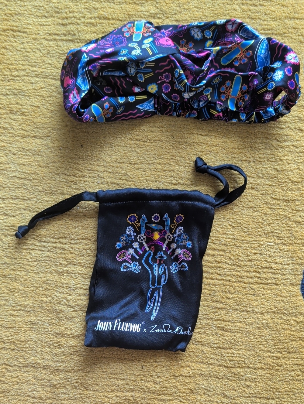 John Fluevog Black Drawstring Pouch with Blue, Pink and Yellow Floral Design